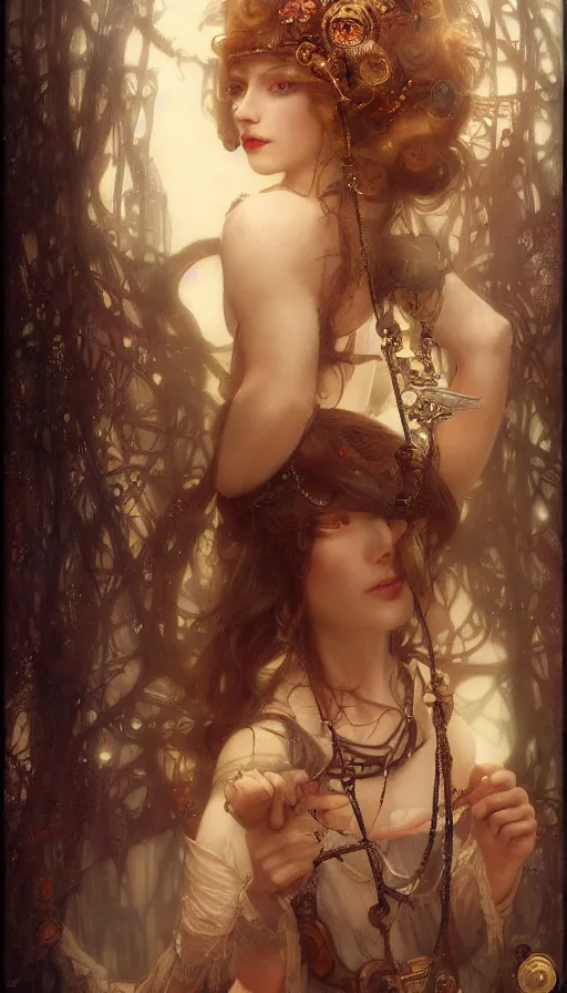 Prompt: hyper realistic photographer looking through camera, magical, steampunk, painted by tom bagshaw, mucha, gaston bussiere, craig mullins, j. c. leyendecker 8 k