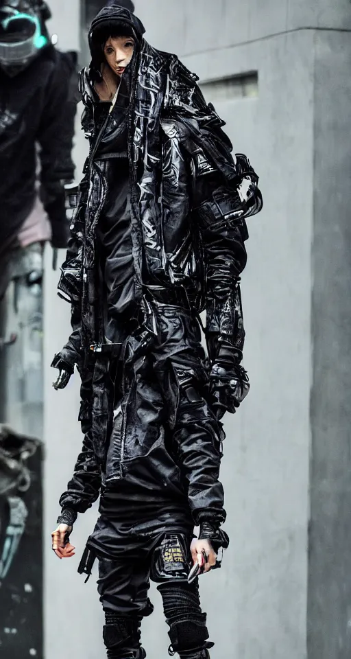 Image similar to cyberpunk techwear streetwear look and clothes, we can see them from feet to head, highly detailed and intricate, beautiful bright colors, hypermaximalist, futuristic, cyberpunk setting, luxury, elite, cinematic, techwear fashion, Errolson Hugh, Sacai, Nike ACG, Yohji Yamamoto, Y3, ACRNYM, outfit photo