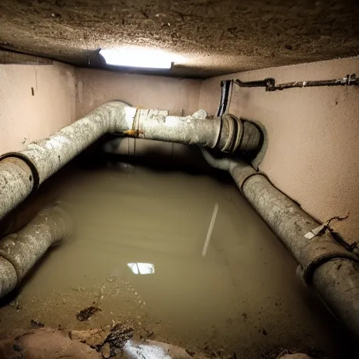 Image similar to underground bunker, flooded, dirty water, rusty pipes