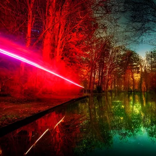 Image similar to photography at night of an ethereal pond, a central sunlight glare, mystical lights, cyber futuristic lights in the sky, masterpiece, epic, cinematic, hyperealistic photo, high detailed, red flashlight at night