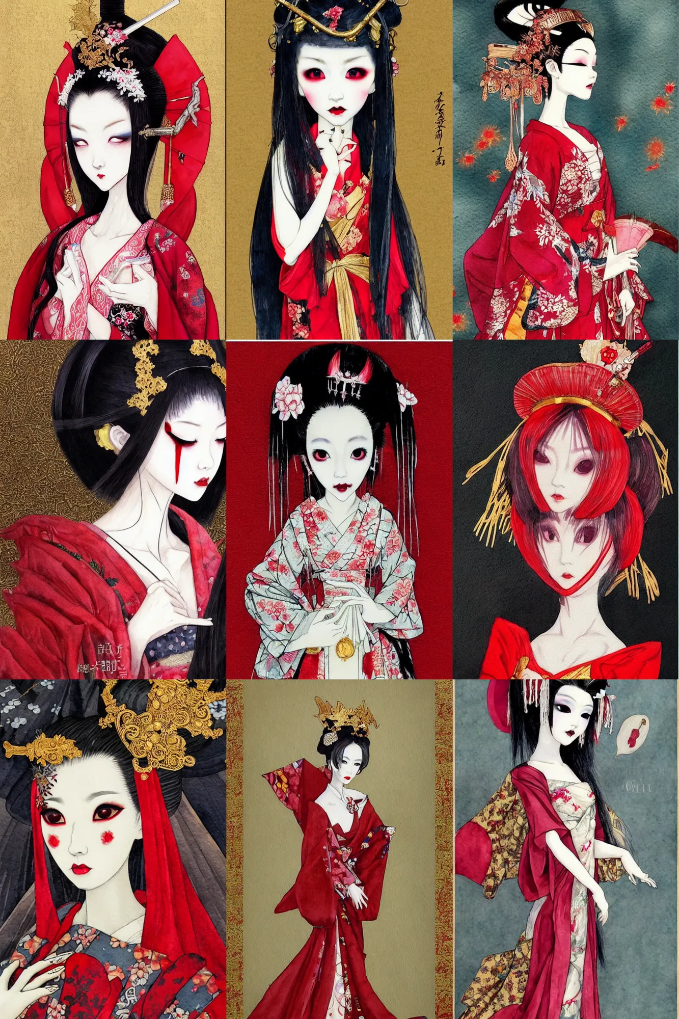 Prompt: watercolor painting of an avant - garde japanese bjd geisha vampire queen with a long neck in a lolitafashion red dress, intricate detail, artstation, artgerm, in the style of medieval painting, dark - fantasy, rococo, gold leaf art