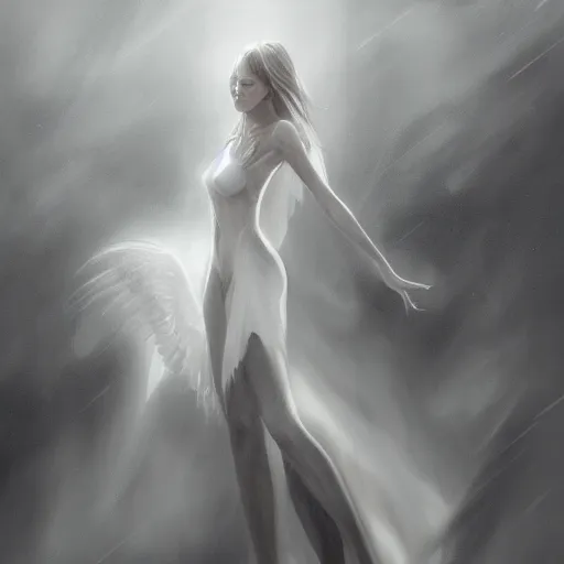 Image similar to a concept art drawing of a beautiful female angle in a white dress on a dark steamy background, spreading her wings, symmetry features, soft painting, volumetric light, fog, fantasy background, artstation, detailed, award winning