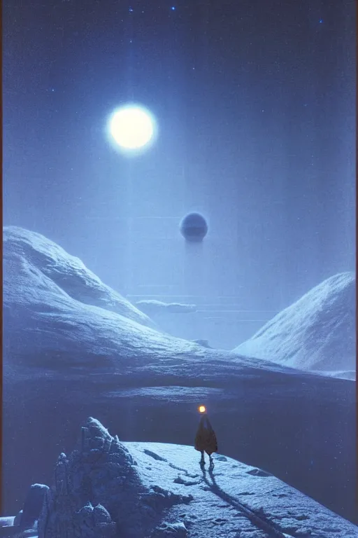 Prompt: emissary space by arthur haas and bruce pennington and john schoenherr, planet hoth, snowy mountains, blue hour, cinematic matte painting, 8 k, color palate alien planet under arctic moonlight by moebius, dark color palate,