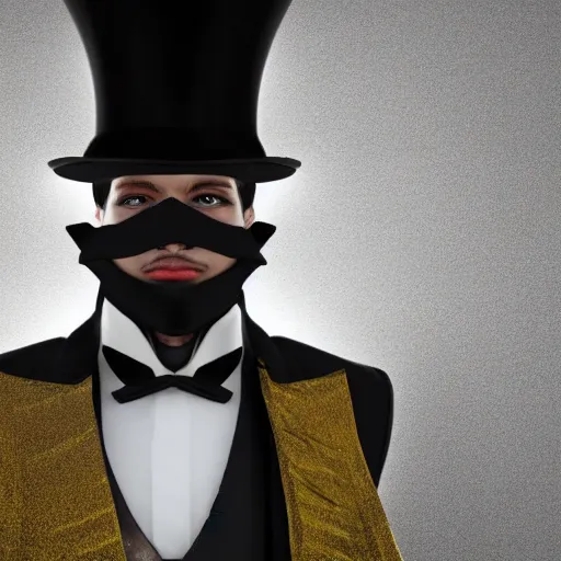 Prompt: a highly detailed portrait of a man in a high top hat covering his face, in a black tailcoat with a yellow waistcoat under the tailcoat, artstation, deviantart, professional, unreal engine 5, photorealistic