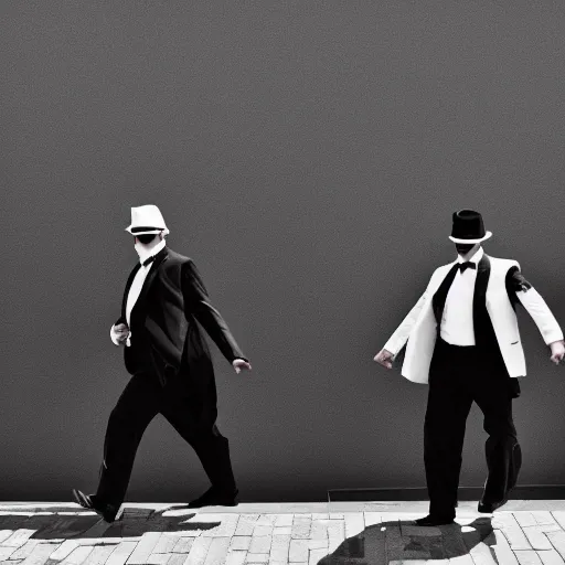 Image similar to blues brothers walking towards camera with white background. wearing suits. strong shadows. high contrast. serious look. carrying a pistol