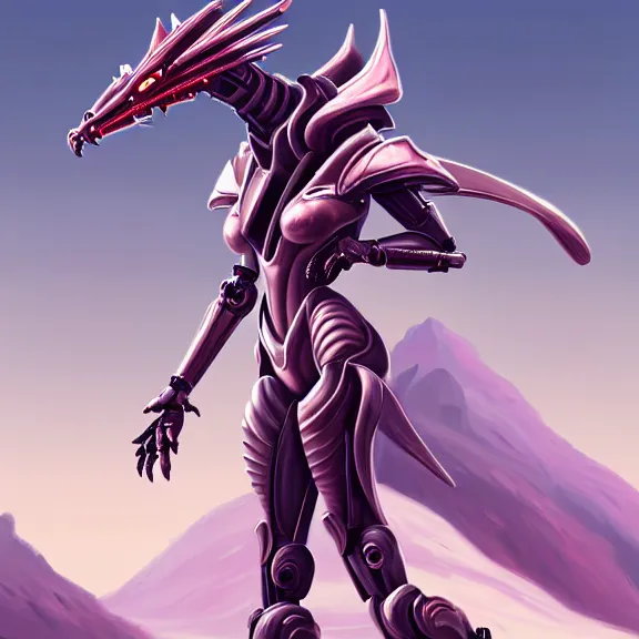 Image similar to extremely detailed giantess shot, close front shot, of a goddess that's a giant beautiful stunning anthropomorphic robot female dragon, standing majestically on a mountain, elegant pose, robot dragon claws, streamlined pink armor, detailed sharp metal claws, thick warframe thighs, long elegant tail, detailed warframe fanart, destiny fanart, high quality digital art, giantess art, furry art, warframe art, Destiny art, furaffinity, DeviantArt, artstation, 8k HD, octane render