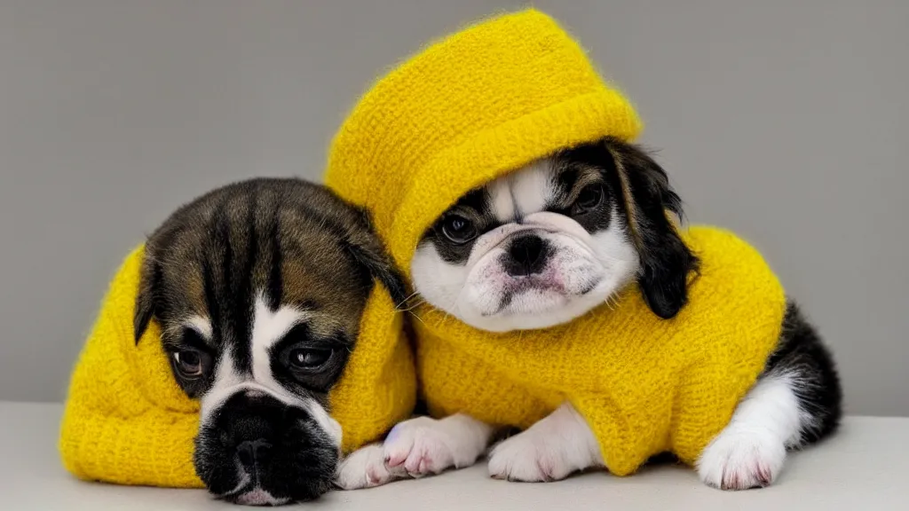 Prompt: a cute puppy cat wearing a yellow sweater