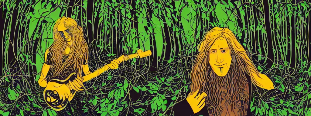 Image similar to a grunge technogaianist long-haired blonde digital musician playing modular synthesizer in the forest, technology and nature swirling in harmony, plugging vines into the synthesizer, trees swaying to the beat, postmodern surrealist concert poster, grainy poster art, hand drawn matte painting by Tara McPherson and Gary Houston, smooth, sharp focus, extremely detailed, 24mm.