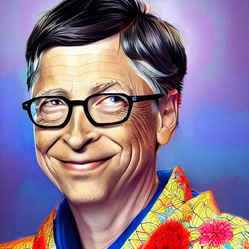 Prompt: Bill gates wearing a kimono, drawn in the style of Konstantin Razumov, Stanley Artgerm Lau and Rossdraws, extremely detailed, fractal frame