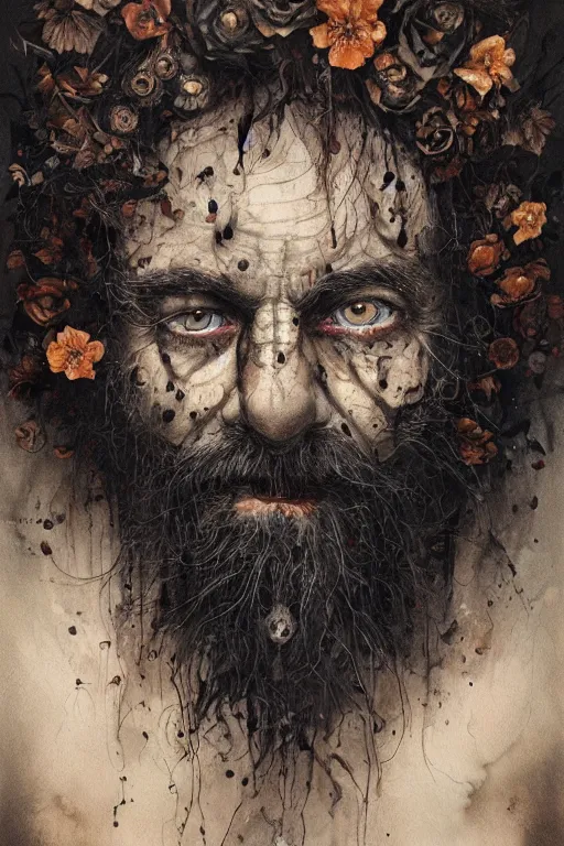 Image similar to portrait of hairy old man with aquarelle painted skin. close up. very dark black hair, large eyes. intricate dark flowers pattern on background, high detail, by Peter mohrbacher