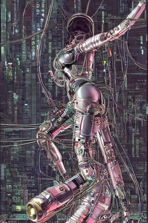 Image similar to an hyper-detailed cyberpunk illustration of a female android kneeling on the floor in a tech labor, seen from the side with her body open showing cables and wires coming out, by masamune shirow, Yukito Kishiro and katsuhiro otomo, japan, 1980s, centered, colorful