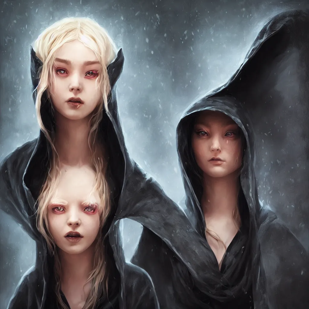 Prompt: An epic fantasy comic book style portrait painting of a very beautiful girl wearing a black hooded robe, posing, character design by Mark Ryden and Pixar and Hayao Miyazaki, unreal 5, DAZ, wylops, hyperrealistic, octane render, cosplay, RPG portrait, dynamic lighting, intricate detail, summer vibrancy, cinematic