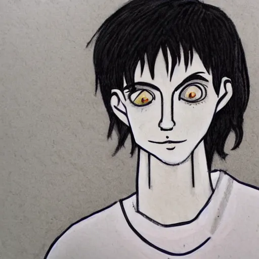 Image similar to young man portrait, black hair, skinny, sleep deprived, corpse bride art style