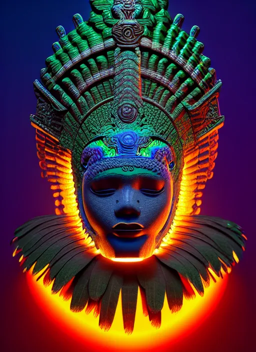 Image similar to 3 d mayan goddess profile portrait. beautiful intricate highly detailed quetzalcoatl helmet and feathers. low - key lighting, bioluminescent, plasma, lava, ice, water, wind, creature, thunderstorm! artwork by tooth wu and wlop and beeple and greg rutkowski, 8 k trending on artstation,