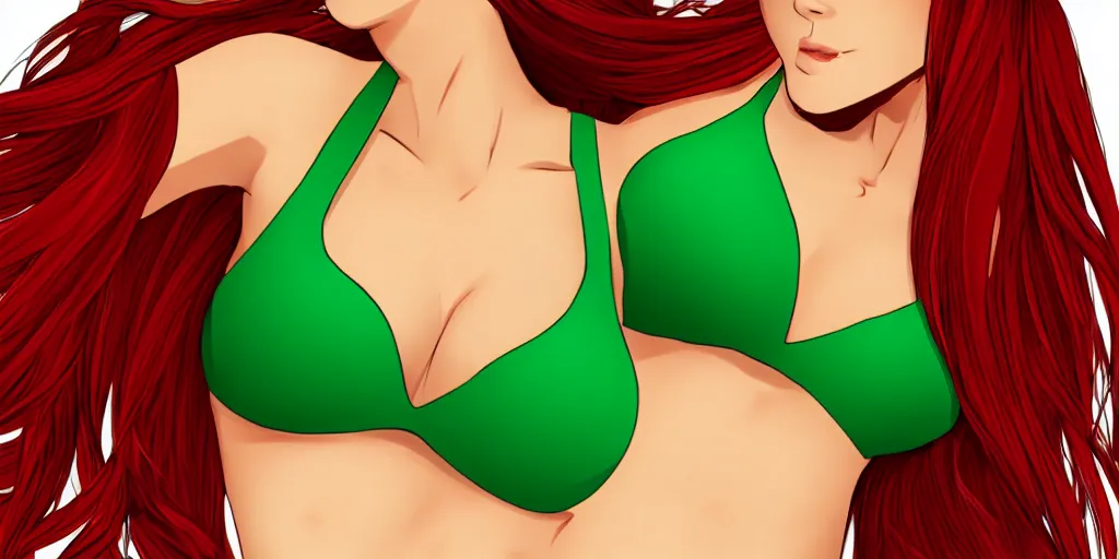 Image similar to very beautiful girl, with red hair, in the style 2d, in a green bikini, hair in a bun