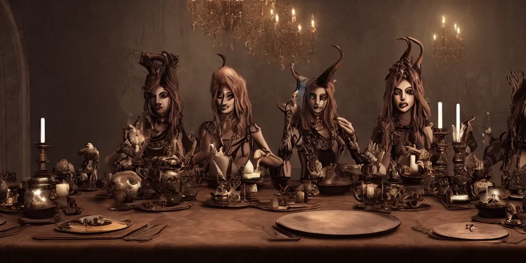 Image similar to dark witches sitting at a table doing a ritual. Ornate details, award winning. Octane render, 4k, 8k, unreal 5, very detailed, hyper control-realism, trending on artstation.”