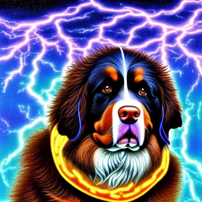 Prompt: an anthropomorphic male bernese mountain dog ( wearing a toga ), shooting lightning bolts, by alex grey, intricate details, artstation, furry, psychedelic, hd, beautiful