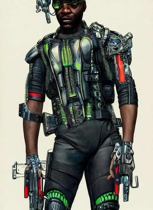 Prompt: chidi igwe. cyberpunk police officer in tactical harness and jumpsuit. portrait by stonehouse and mœbius and will eisner and gil elvgren and pixar. realistic proportions. dystopian. cyberpunk 2 0 7 7, apex, blade runner 2 0 4 9 concept art. cel shading. attractive face. thick lines.