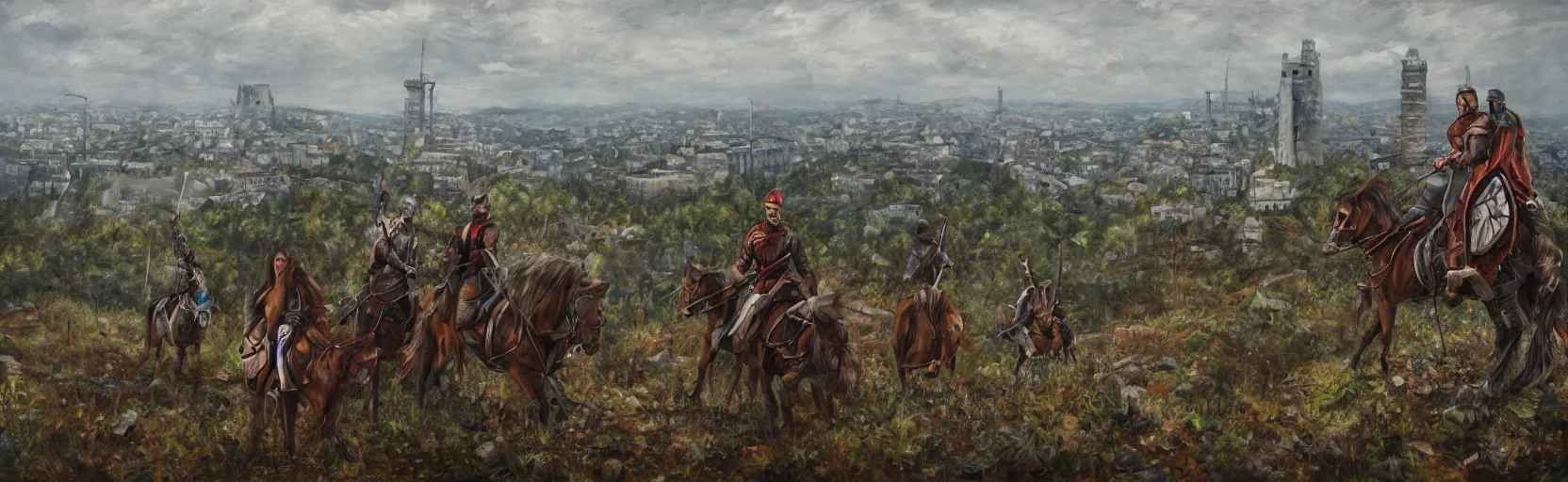 Image similar to horseback knights at scenic overlook; cloudy, grey skies, walled fortress city deteriorating office buildings in background hill; forest; la Bastille, post apocalyptic, grungy; oil on canvas, artstation, colorful