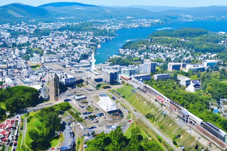 Image similar to bird's eye view photography of a small city. town hall, central farm, monorail station, beach and shipping dock. hills, woods and lake to the north.