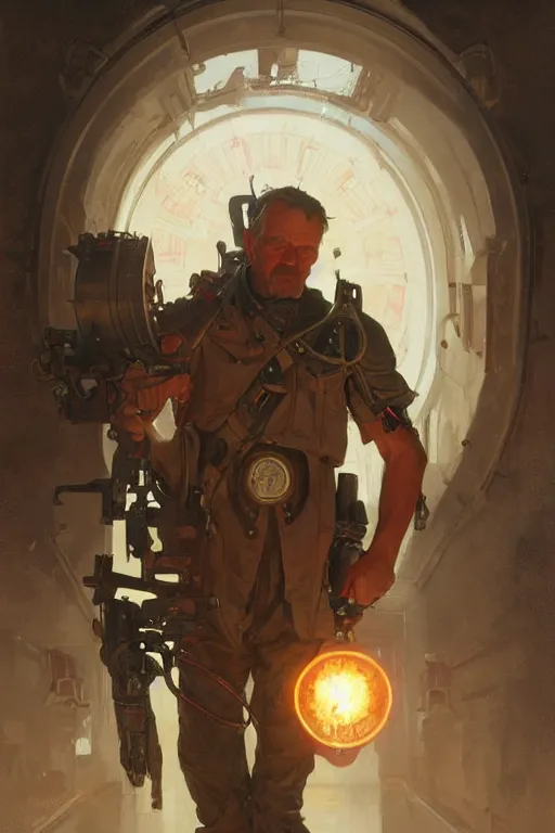 Image similar to a middle aged man as an artillery projectile, realistic painting, symmetrical, highly detailed, digital painting, artstation, concept art, smooth, sharp focus, illustration, cinematic lighting, art by artgerm and greg rutkowski and alphonse mucha