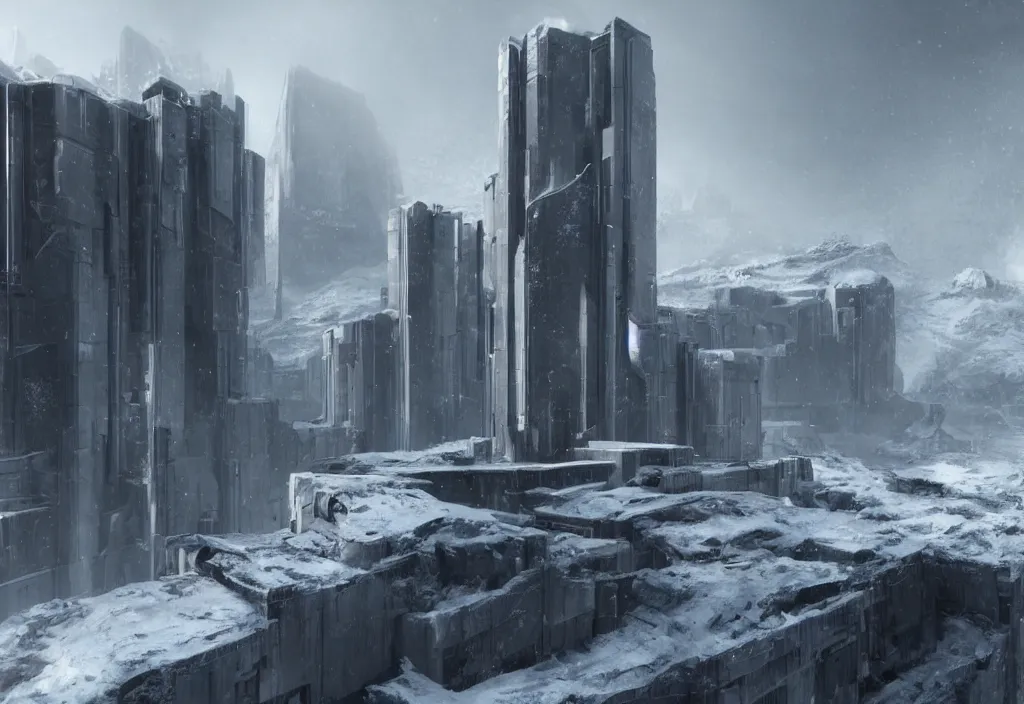 Prompt: Small brutalist modern concrete and metallic tower on a cold, snowy hill. Concept art, star citizen.