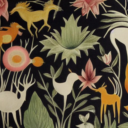 Image similar to wallpaper with flora and fauna, black background, designed by leonora carrington