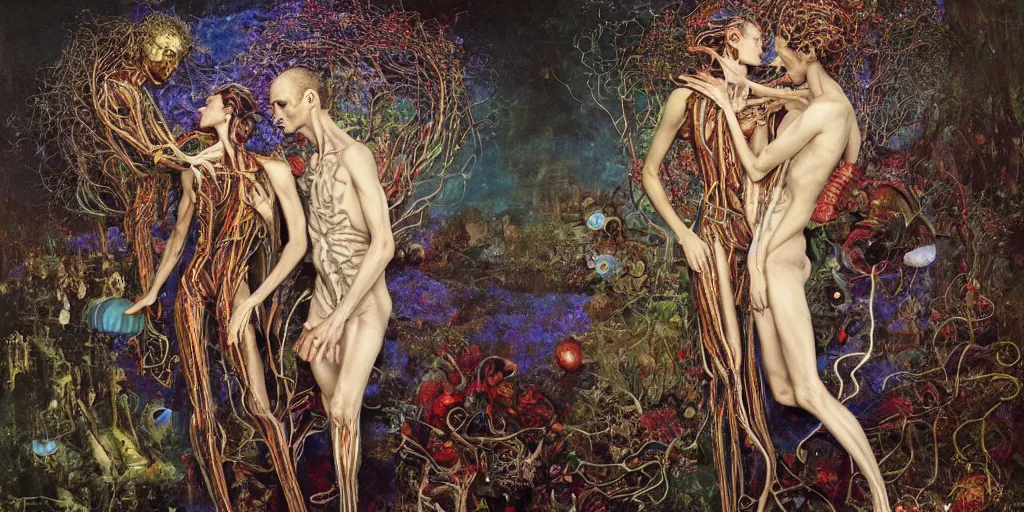 Image similar to two lovers wearing a suit made of nervous system, channeling third eye energy, surrounded by a background of cyber mystic garden of earthly delights, midnight hour, painted part by wojciech siudmak, part by ilya repin, part by norman rockwell, part by zhang jingna, artstation