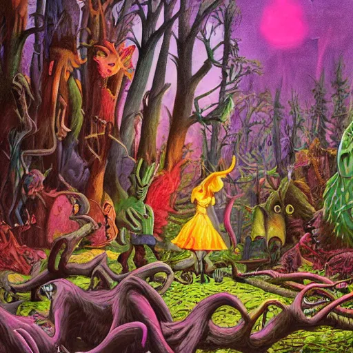 Prompt: a scene of colorful cartoon monsters in the clearing of a dark fantasy forest surrounded by darkness. hyperrealist illustration. muted colors. 1 9 7 0's pulp science fiction and fantasy cartoon for alice in wonderland and wizard of oz. highly detailed and richly colored painting by don ivan punchatz. trending on artstation