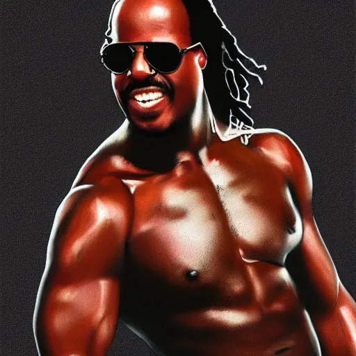 Image similar to stevie wonder with the physique of a body builder, hyper realistic, ultra detailed, cinematic, dynamic lighting, photorealistic, refined, intricate, digital art, digital painting, masterpiece, 8k