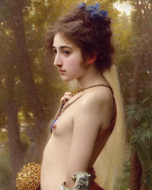 Image similar to a 16-year old girl who resembles Ana de Armas and Saoirse Ronan, dressed in ornate, detailed, intricate iridescent opal armor, detailed oil painting by William Adolphe Bouguereau and Donato Giancola