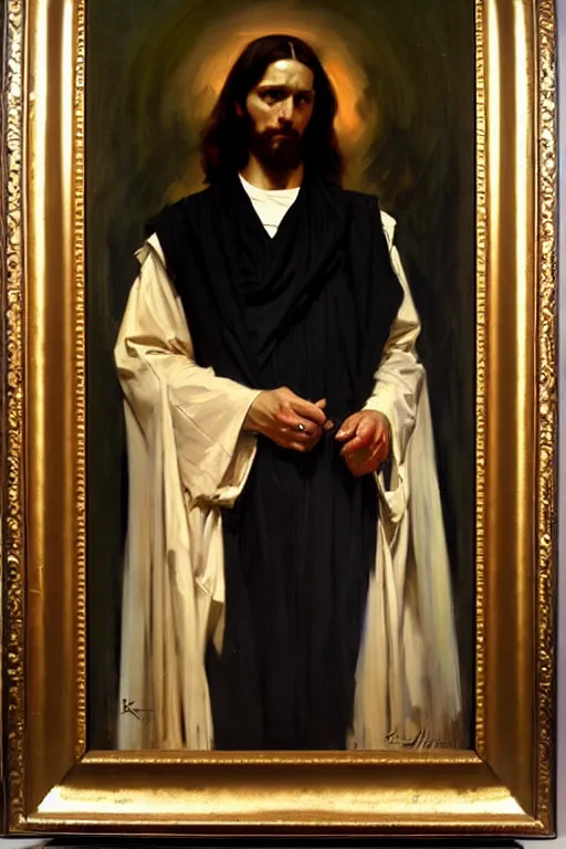 Image similar to leyendecker and solomon joseph solomon and richard schmid and jeremy lipking victorian loose genre loose painting full length portrait painting of jesus