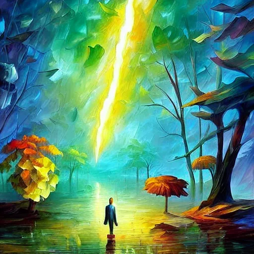 Prompt: village alien lightning art waterfall nature photography weird rich digital art airbush by android jones, leonid afremov, rob gonsalves, rhads, evgeny lushpin