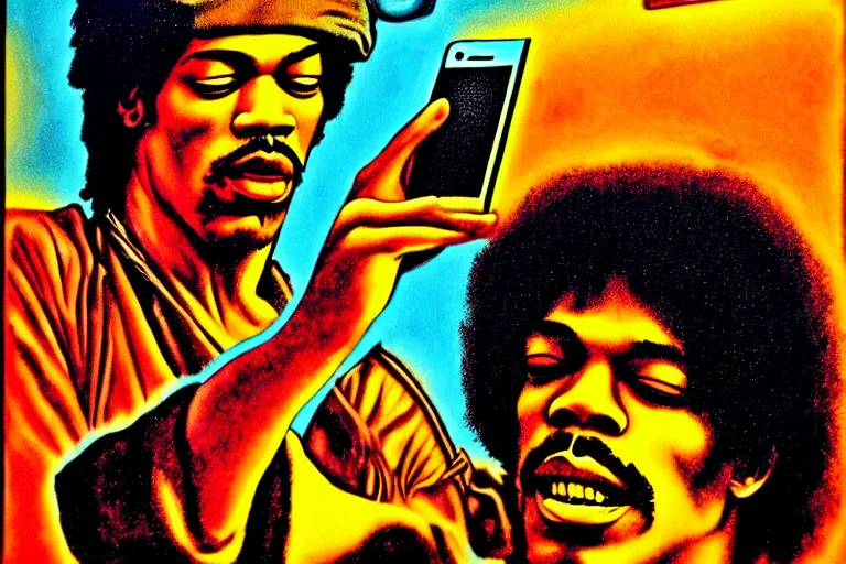 Prompt: grunge rock jimi hendrix taking a selfie with his iphone, instamodel, postmodern surrealist concert poster, grainy poster art, hand drawn matte painting by lynd ward and gary houston, smooth, sharp focus, extremely detailed, 5 0 mm.