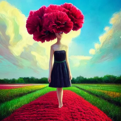 Image similar to head made of carnations, girl standing in a vast flower field, holding flowers, surreal photography, sunrise dramatic light, impressionist painting, colorful clouds, large sky, digital painting, artstation, simon stalenhag, flower face