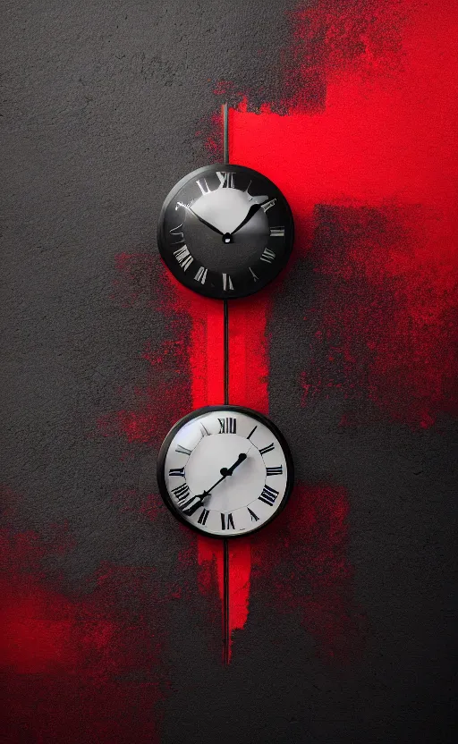 Image similar to a melting Roman numeral clock, behind a red and black gradient background, awith a black heart shaped on the top left corner and a black diamond card shape in the bottom right corner, dynamic lighting, photorealistic fantasy concept art, trending on art station, stunning visuals, cinematic, creative, ultra detailed