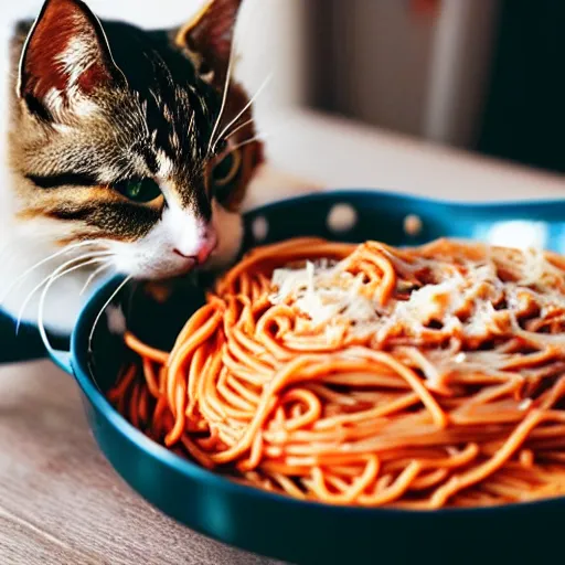 Image similar to cat eating spaghetti with a spoon