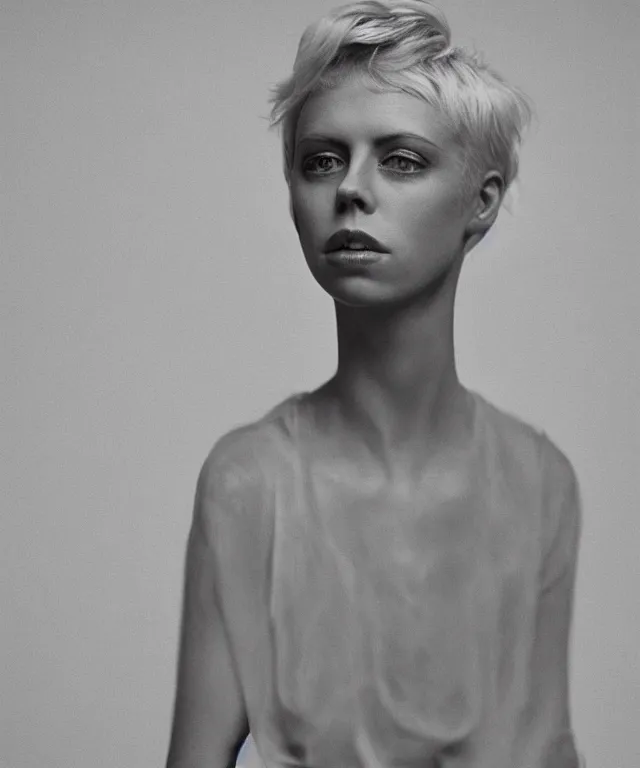 Prompt: a color photograph of edie campbell, bleached blonde short hair, by carrie mae weems, intense, bold, hyperrealistic, ultra sharp, extra details, ultra high quality, trending on pinteresst
