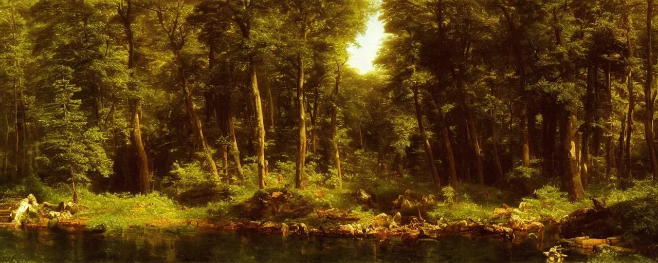Image similar to beautiful forest scenery, painting by albert bierstadt and thomas cole