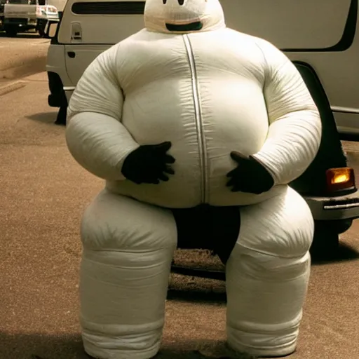 Prompt: the michelin man attempting to sell you illegal narcotics out of his van in a backalley