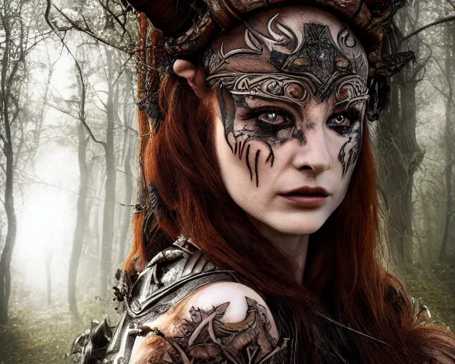 Image similar to 5 5 mm portrait photo of an armored redhead woman warrior with a face tattoo and horns growing from her head, in a magical forest. by luis royo. highly detailed 8 k. intricate. lifelike. soft light. nikon d 8 5 0. cinematic post - processing