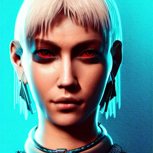 Image similar to headshot of punk female from cyberpunk 2077 wearing thick steel choker around neck, 4K, detailed face, collar on neck, realistic, artstation, neon,