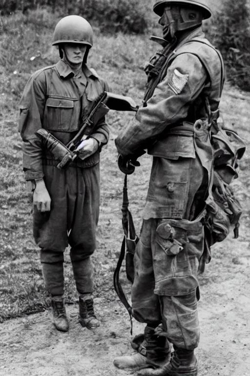 Image similar to A man in power armor stands behind a World War II soldier in a general photo near a tank, old photo, realism, attention to detail