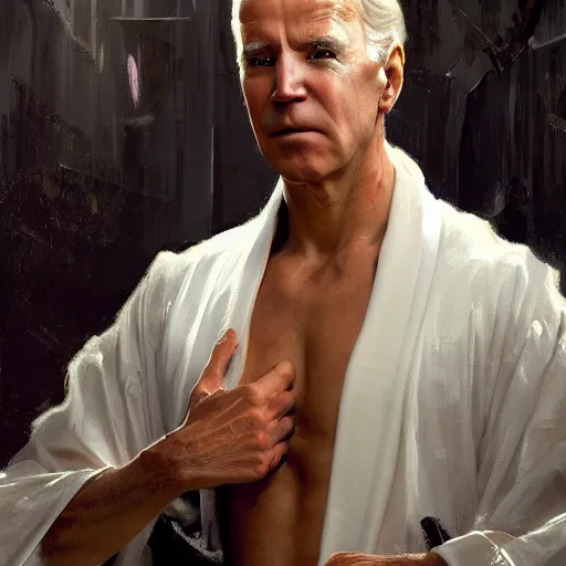 Image similar to detailed realistic cinematic wide shot of beautiful attractive young joe biden cyborg man wearing black bath robe slim face symettrical face clean skin black eyes black robe smooth, sharp focus, ultra realistic, spring light, painting by gaston bussiere, craig mullins, j. c. leyendecker