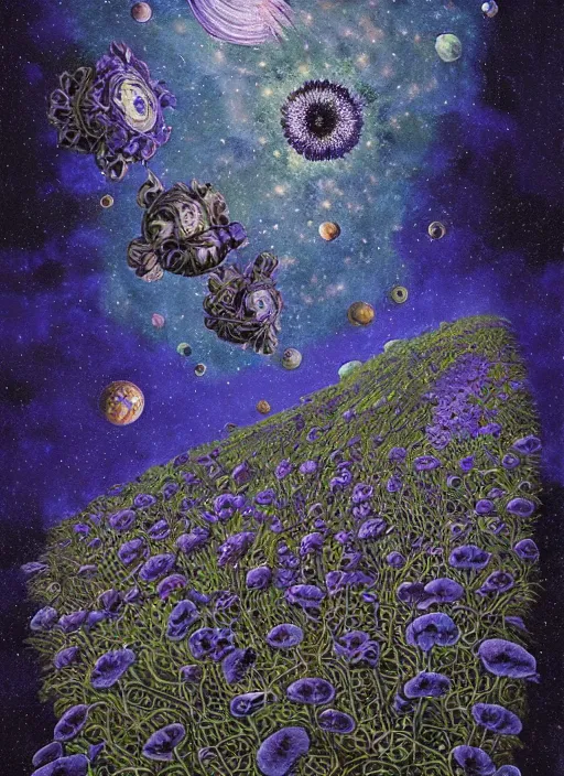 Image similar to detailed, intricate blue black and purple papaverum flower on the field, nebula, galaxy in the sky, winning award masterpiece, fantastically beautiful, illustration, aestheticly inspired, jacek yerka, upscale with anguissola sofonisba work, artstation, 8 k