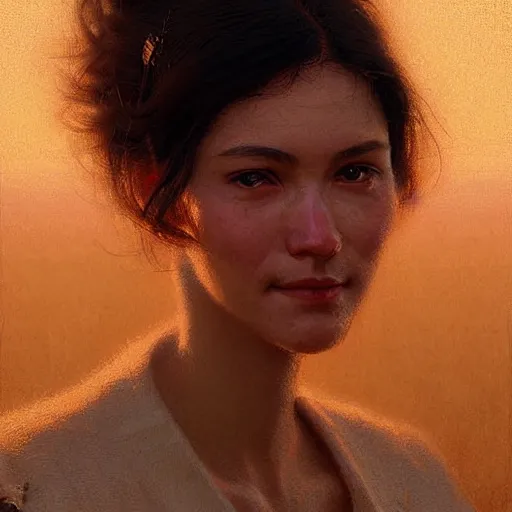 Image similar to Facial portrait of a cute shy woman, looking at the camera, slight awkward smile, lips slightly parted, no hands visible,, intricate, extremely detailed painting by Greg Rutkowski and by Henry Justice Ford and by Jean Giraud, golden hour