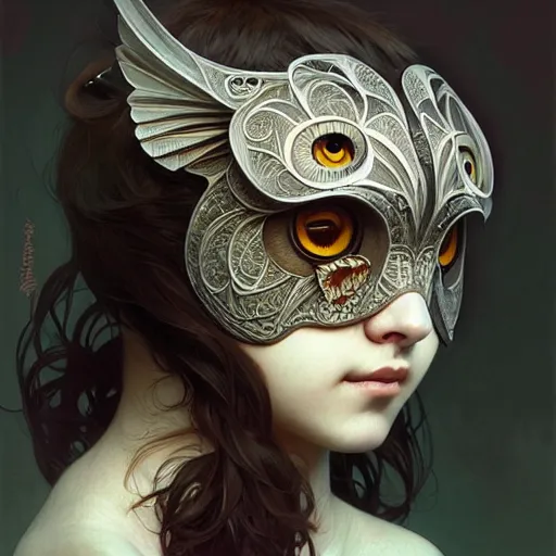 Image similar to A girl wearing an owl mask, face, detailed, intricate, elegant, highly detailed, digital painting, artstation, concept art, smooth, sharp focus, illustration, art by Krenz Cushart and Artem Demura and alphonse mucha