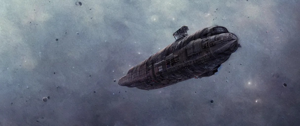 Image similar to tiny spaceship, deep space exploration!!!, flying, the expanse tv series, industrial design, the final frontier, illustrative!!, punk!!!, space pirate, painterly, hyperdetailed, hyperrealistic, utilitarian cargo ship, underexposed, cinematic lighting, 4k, wide angle, beksinski