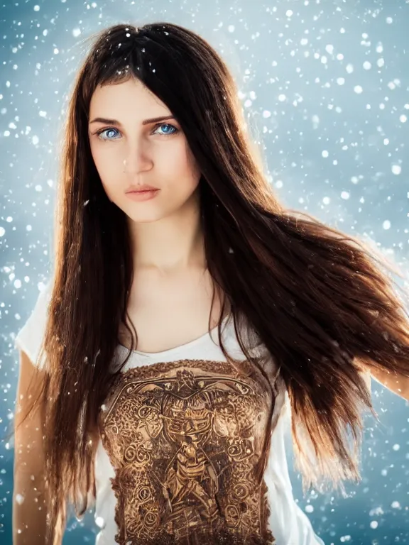 Prompt: hyperdetailed photo of a beautiful ukrainian girl, brown eyes, dark hair, winds of winter, with very tight t - shirt