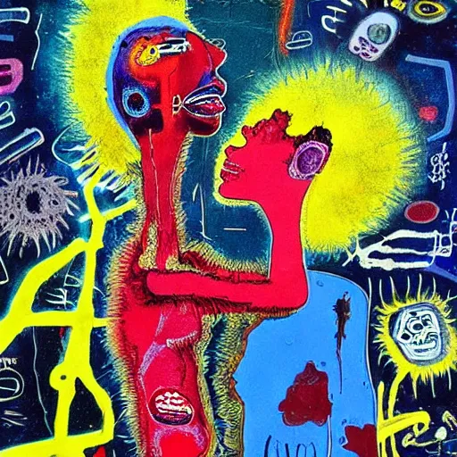 Prompt: beautiful painting of two bizarre psychedelic women kissing each other closeup on an alien planet, speculative evolution, mixed media collage by basquiat and junji ito, magazine collage art, paper collage art, sapphic art, lesbian art